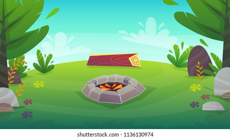 rest forest grass field bbq grill background . stone brazier barbeque with fire coal , wood seat trees and bushes , stones at meadow , summer or spring bright happy funny vector illustration