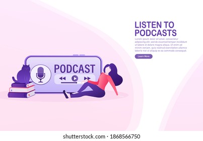 Rest girl listening online podcast. Cartoon smartphone podcast for marketing design. Social media poster. Modern digital device template. Mobile internet, social media.