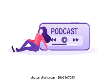 Rest girl listening online podcast. Cartoon smartphone podcast for marketing design. Social media poster. Modern digital device template. Mobile internet, social media.