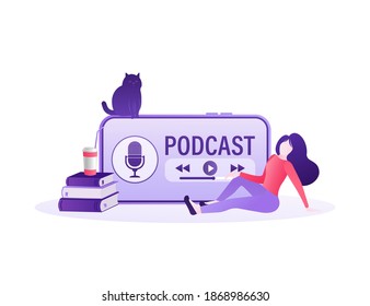 Rest girl listening online podcast. Cartoon smartphone podcast for marketing design. Social media poster. Modern digital device template. Mobile internet, social media.