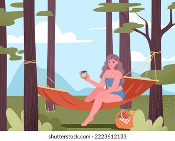 Rest in hammock. Young girl sits with cocktail in her hands in bathing suit in forest. Rest, vacation and holiday. Leisure, relax and hobby. Poster or banner. Cartoon flat vector illustration