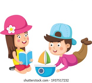 Rest and hobby of children reading book and playing with toy vector