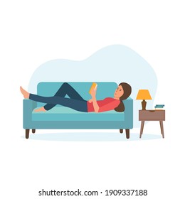 Rest at home. The  girl is lying on the couch and reading a book. Vector illustration