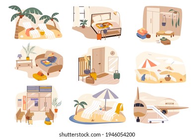 Rest In Hotel At Sea Resort Isolated Scenes Set. Flight By Plane, Booking Room, Staying In Apartment, Beach Of Seashore. Bundle Of Modern Interiors. Vector Illustration In Flat Cartoon For Web Design