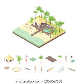 Rest House and Elements Concept 3d Isometric View Include of Palm, Bungalow, Sand, Seaside and Pool. Vector illustration of Vacation