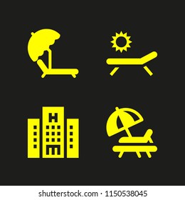 rest icon. 4 rest set with hotel, hammock, sunbed and sun umbrella and deck chair vector icons for web and mobile app