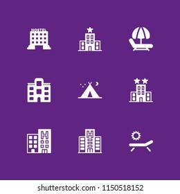 rest icon. 9 rest set with hostel, sunbed, tent night and hotel vector icons for web and mobile app