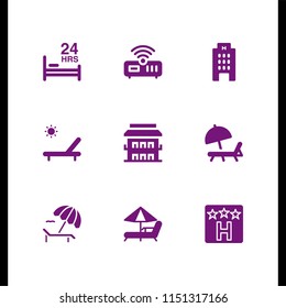 rest icon. 9 rest set with hostel, sunbathing, sunbed and hotel vector icons for web and mobile app