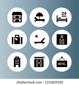 rest icon. 9 rest set with hotel, sunbathing, hammock and holiday suitcase vector icons for web and mobile app