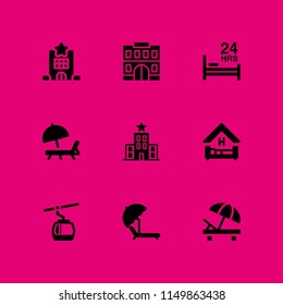 rest icon. 9 rest set with sun umbrella and deck chair, sunbed, cabin and hotel vector icons for web and mobile app