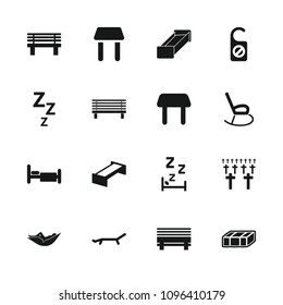 Rest icon. collection of 16 rest filled icons such as garden bench, table, woman in hammock, bench, bed, sunbed, cemetery, zzz. editable rest icons for web and mobile.