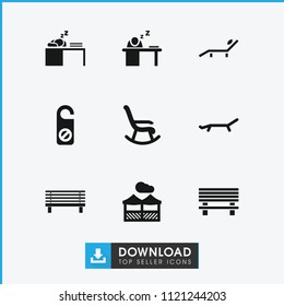 Rest icon. collection of 9 rest filled icons such as do not disturb, rocking chair, man sleeping on table, pergola, sunbed. editable rest icons for web and mobile.