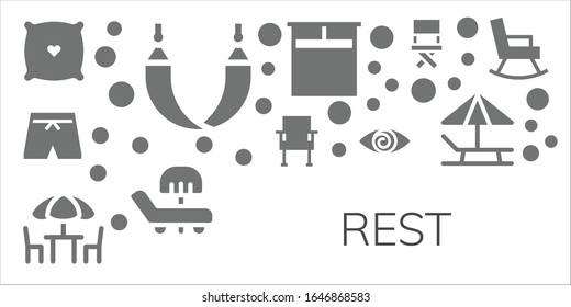 rest icon set. 11 filled rest icons.  Simple modern icons such as: Pillow, Hammock, Swimsuit, Chair, Chairs, Fatigue, Double bed, Sunbed, Rocking chair