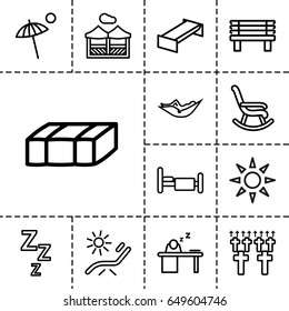 Rest icon. set of 13 outline rest icons such as garden bench, woman in hammock, sunbed, bench, bed, man sleeping on table, pergola, umbrella, cemetery, rocking chair