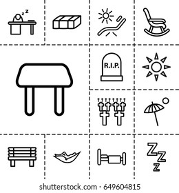 Rest icon. set of 13 outline rest icons such as garden bench, table, woman in hammock, sunbed, bench, bed, man sleeping on table, umbrella, headstone, cemetery, rocking chair