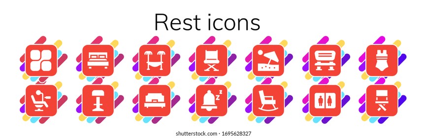rest icon set. 14 filled rest icons.  Simple modern icons such as: Mozy, Chair, Double bed, Stool, Hammock, Single bed, Snooze, Beach umbrella, Rocking chair, Bench, Bathroom