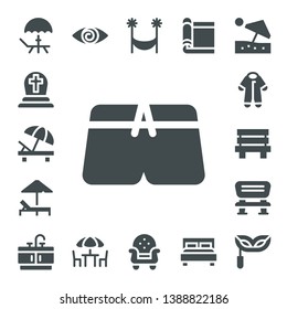 rest icon set. 17 filled rest icons.  Simple modern icons about  - Deck, Cemetery, Sunbed, Swimsuit, Pijama, Bench, Bathroom, Fatigue, Chairs, Hammock, Armchair, Carpet, Double bed