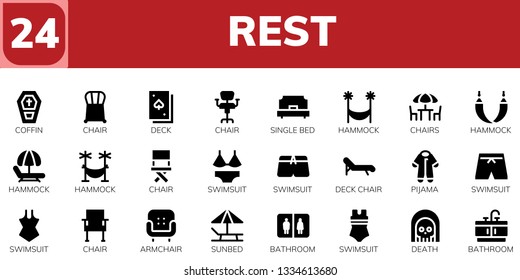 rest icon set. 24 filled rest icons.  Collection Of - Coffin, Chair, Deck, Single bed, Hammock, Chairs, Swimsuit, Deck chair, Pijama, Armchair, Sunbed, Bathroom, Death