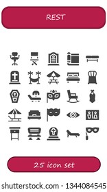 rest icon set. 25 filled rest icons.  Simple modern icons about  - Chair, Tombstone, Carpet, Bench, Gravestone, Hammock, Picnic table, Double bed, Coffin, Sunbed, Eye mask, Rocking chair