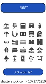 rest icon set. 25 filled rest icons.  Collection Of - Sunbed, Chair, Double bed, Swimsuit, Beach umbrella, Hammock, Bathroom, Bench, Death, Fatigue, Bunk bed, Pijama, Picnic table