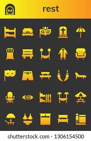 rest icon set. 26 filled rest icons.  Simple modern icons about  - Bunk bed, Death, Single bed, Eye mask, Gravestone, Beach umbrella, Chair, Bench, Hammock, Pijama, Armchair, Swimsuit