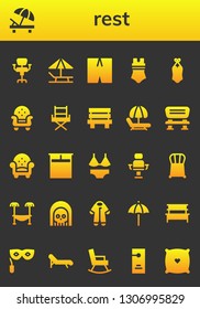 rest icon set. 26 filled rest icons.  Collection Of - Chair, Sunbed, Swimsuit, Armchair, Bench, Hammock, Double bed, Death, Pijama, Beach umbrella, Eye mask, Deck chair, Rocking chair