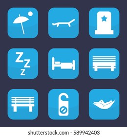 rest icon. Set of 9 filled rest icons such as woman in hammock, do not disturb, bench, bed, sunbed, umbrella, headstone