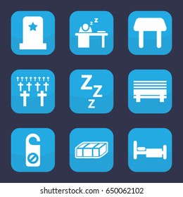 Rest icon. set of 9 filled rest icons such as garden bench, table, do not disturb, bed, man sleeping on table, headstone, cemetery, bench