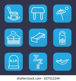 Rest icon. set of 9 outline rest icons such as garden bench, table, woman in hammock, do not disturb, pergola, umbrella, headstone, rocking chair