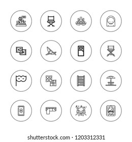 Rest icon set. collection of 16 outline rest icons with bed, chair, carpet, death, eye mask, lounger, musical chairs, pillow, rug, sofa, sun umbrella, sunbathing icons.