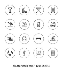 Rest icon set. collection of 16 outline rest icons with beach umbrella, bench, bed, carpet, door hanger, death, hammock, rug, stool, swimsuit, sun umbrella, sunbed icons.