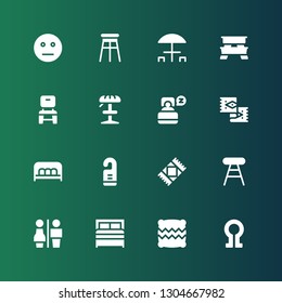 rest icon set. Collection of 16 filled rest icons included Death, Pillow, Bed, Restrooms, Stool, Rug, Door hanger, Bench, Sleep, Chair, Picnic table, Neutral