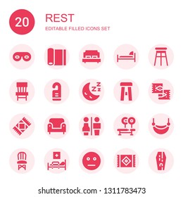 rest icon set. Collection of 20 filled rest icons included Eye mask, Yoga mat, Double bed, Bed, Stool, Chair, Door hanger, Sleep, Rug, Armchair, Restrooms, Bench, Hammock, Medical bed