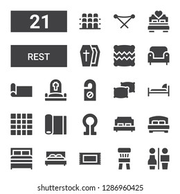 rest icon set. Collection of 21 filled rest icons included Restrooms, Chair, Rug, Bed, Double bed, Death, Yoga mat, Mat, Pillows, Door hanger, Cemetery, Armchair, Pillow, Coffin