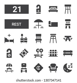 rest icon set. Collection of 21 filled rest icons included Sleep, Armchair, Pillow, Chair, Picnic table, Bench, Grandstand, Rug, Door hanger, Stool, Nightstand, Bed, Yoga mat