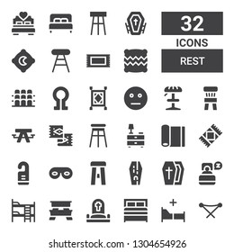rest icon set. Collection of 32 filled rest icons included Folding chair, Bed, Cemetery, Picnic table, Bunk bed, Sleep, Coffin, Stool, Eye mask, Door hanger, Rug, Yoga mat, Nightstand