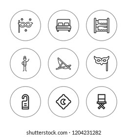 Rest icon set. collection of 9 outline rest icons with bed, bunk bed, chair, door hanger, eye mask, lounger, pillow icons. editable icons.