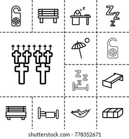 Rest icons. set of 13 editable outline rest icons such as garden bench, woman in hammock, do not disturb, zzz, bench, bed, man sleeping on table, umbrella