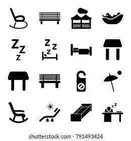 Rest icons. set of 16 editable filled rest icons such as table, sunbed, do not disturb, rocking chair, zzz, bench, bed, man sleeping on table, pergola, umbrella, garden bench