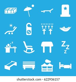Rest icons set. set of 16 rest filled icons such as garden bench, table, woman in hammock, sunbed, do not disturb, bed, man sleeping on table, pergola, umbrella, headstone