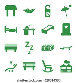 Rest icons set. set of 16 rest filled icons such as garden bench, table, woman in hammock, sunbed, do not disturb, bench, bed, man sleeping on table, pergola, umbrella