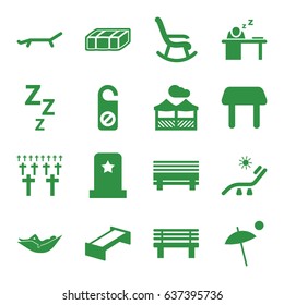 Rest icons set. set of 16 rest filled icons such as garden bench, table, woman in hammock, sunbed, do not disturb, bench, man sleeping on table, pergola, umbrella, headstone