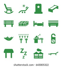 Rest icons set. set of 16 rest filled icons such as garden bench, table, woman in hammock, sunbed, do not disturb, bench, bed, man sleeping on table, pergola, headstone