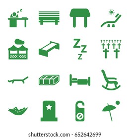 Rest icons set. set of 16 rest filled icons such as garden bench, table, woman in hammock, sunbed, do not disturb, bed, man sleeping on table, pergola, umbrella, headstone