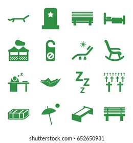Rest icons set. set of 16 rest filled icons such as garden bench, woman in hammock, sunbed, do not disturb, bench, bed, man sleeping on table, pergola, umbrella, headstone