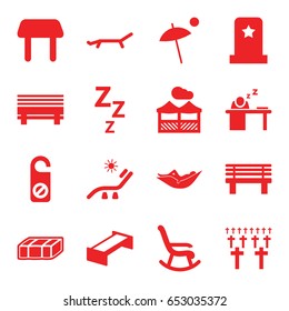 Rest icons set. set of 16 rest filled icons such as garden bench, table, woman in hammock, sunbed, do not disturb, bench, man sleeping on table, pergola, umbrella, headstone