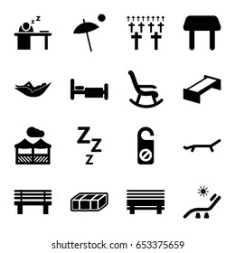 Rest icons set. set of 16 rest filled icons such as garden bench, table, woman in hammock, sunbed, do not disturb, bench, bed, man sleeping on table, pergola, umbrella