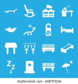 Rest icons set. set of 16 rest filled icons such as garden bench, table, woman in hammock, sunbed, do not disturb, bench, bed, man sleeping on table, pergola, umbrella