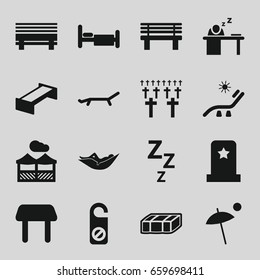 Rest icons set. set of 16 rest filled icons such as garden bench, table, woman in hammock, sunbed, do not disturb, bench, bed, man sleeping on table, pergola, umbrella