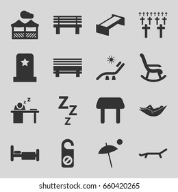 Rest icons set. set of 16 rest filled icons such as garden bench, table, woman in hammock, sunbed, do not disturb, bench, bed, man sleeping on table, pergola, umbrella